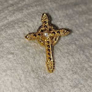 Filligree Gold Cross Brooch Pin Cubic Zirconia + Free Gift Bag 1"